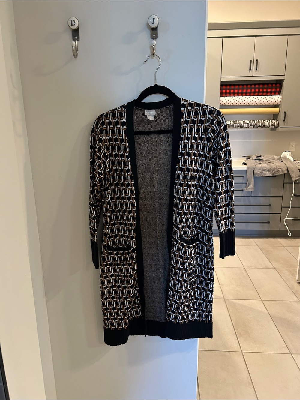 Black & Cream Open-Front Patterned Women's Cardigan Sweater